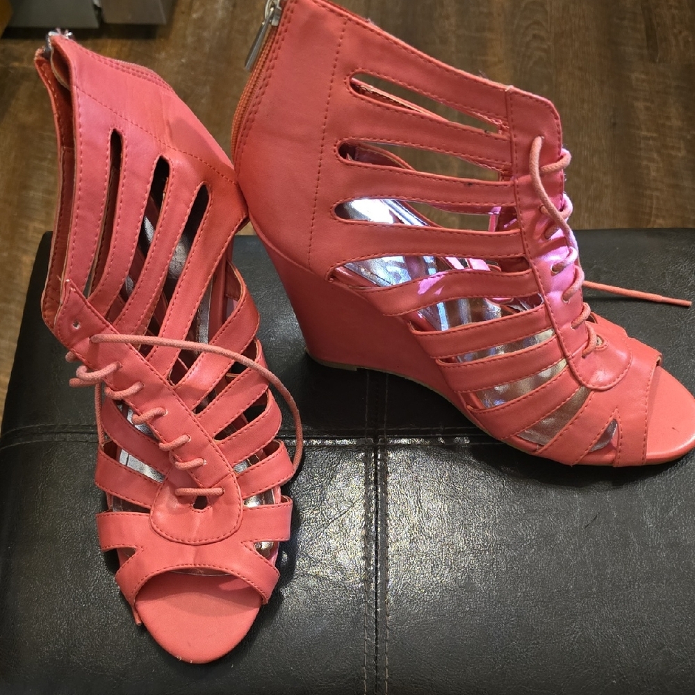 Dots Coral Strappy Wedge Heels